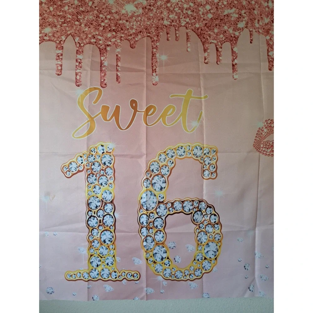 Pink Rose Gold Sweet 16 Birthday Party Backdrop Glitter Diamond Photo Background